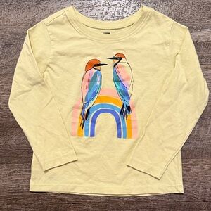 Tea Collection Pale Yellow Long Sleeve Tee with Rainbow & Colorful Bird Art